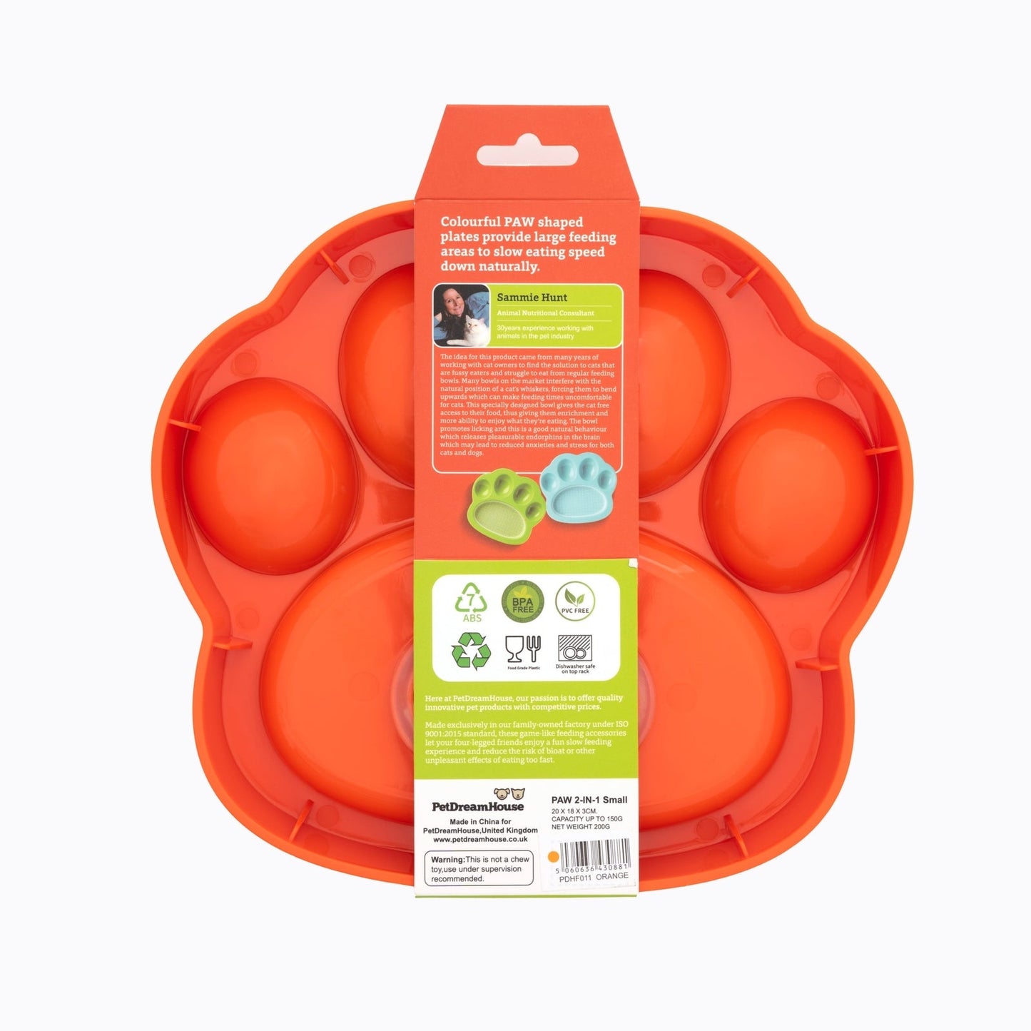 PAW 2-in-1 Slow Mini Slow Feeder & Lick Pad for Cats & Small Dogs - Orange