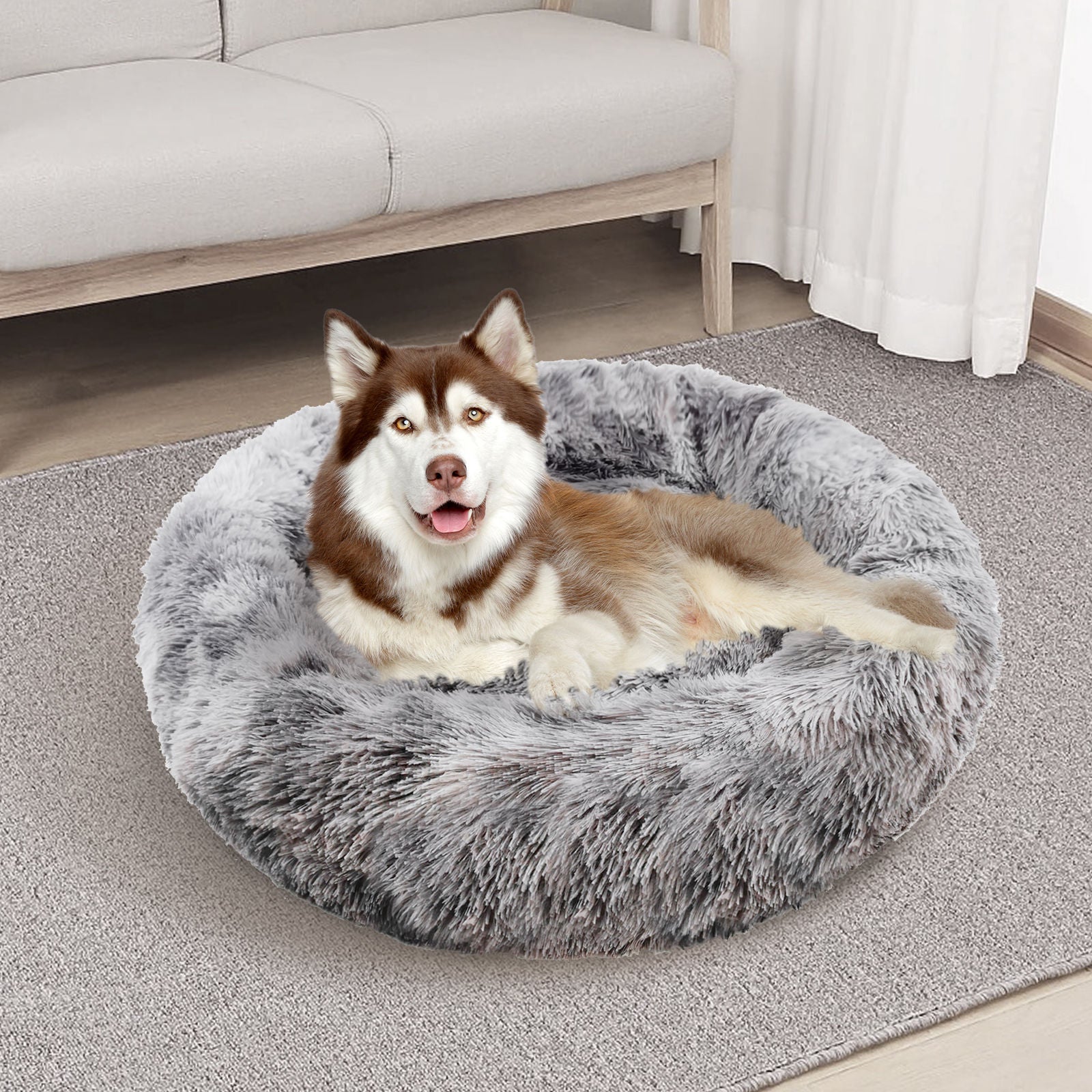 Pawfriends Pet Calming Bed Warm Soft Plush Round Dark Grey M 90cm