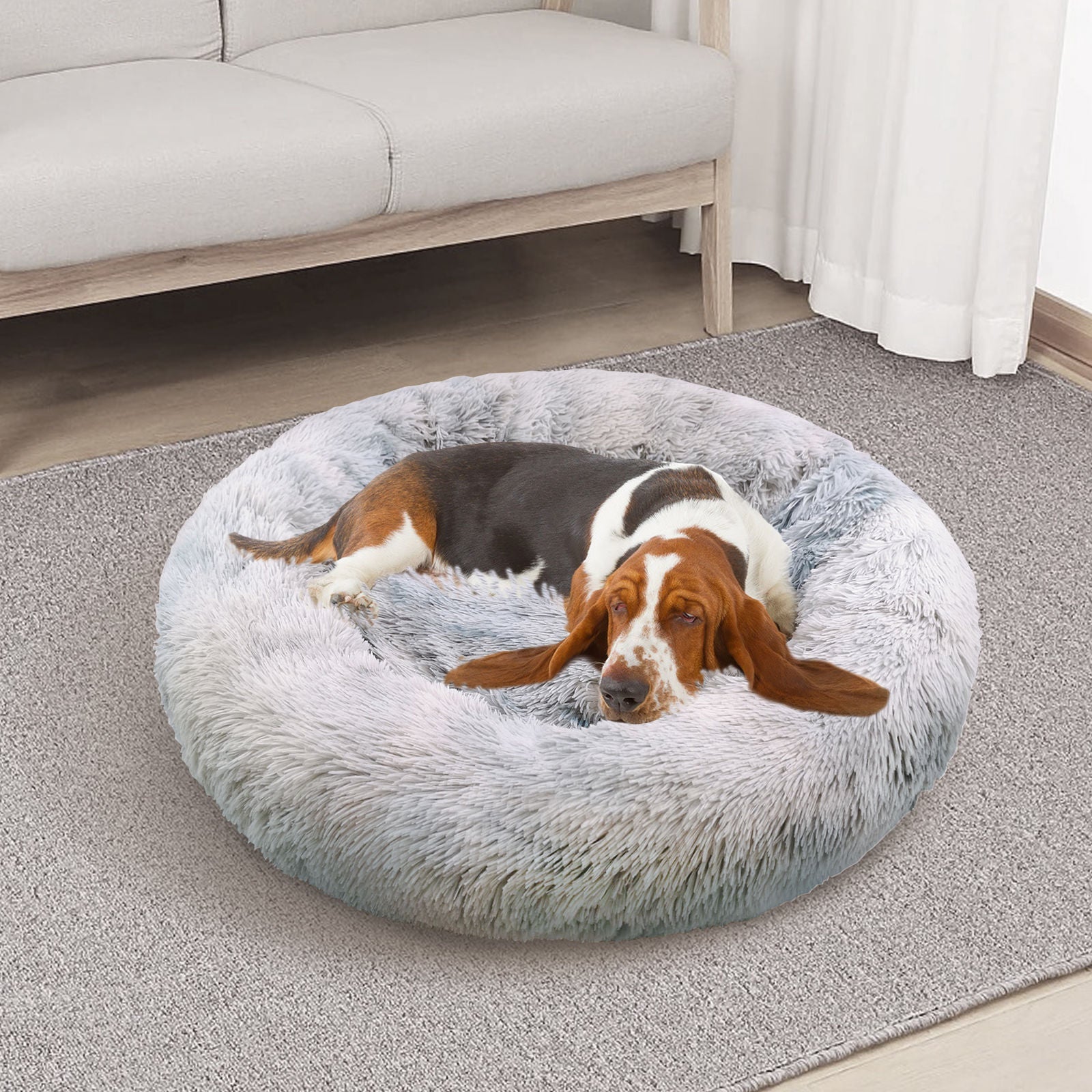 Pawfriends Pet Calming Bed Warm Soft Plush Round Gradient Gray L 100cm