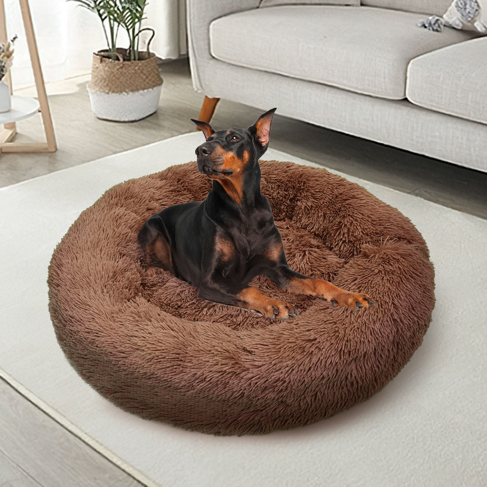 Pawfriends Pet Calming Bed Warm Soft Plush Round Light Coffee M 70cm