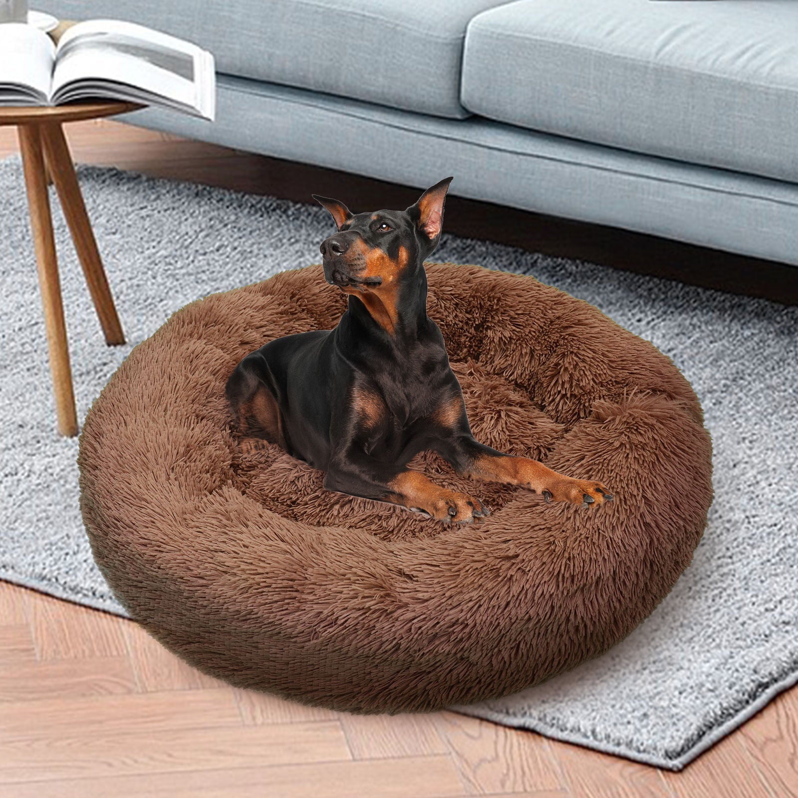 Pawfriends Pet Calming Bed Warm Soft Plush Round Light Coffee M 70cm