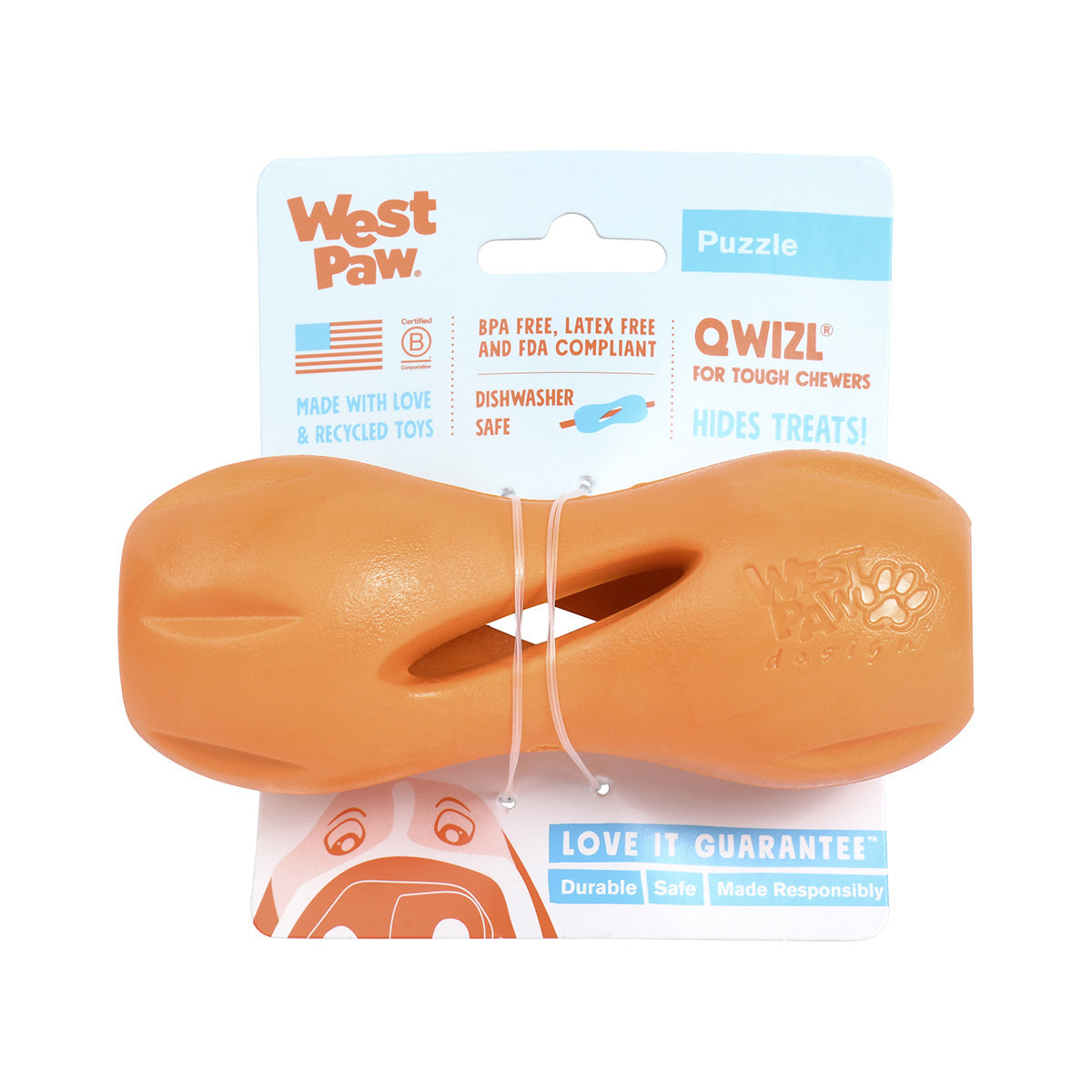 West Paw Qwizl Treat Dispensing Dog Toy - Orange - Large