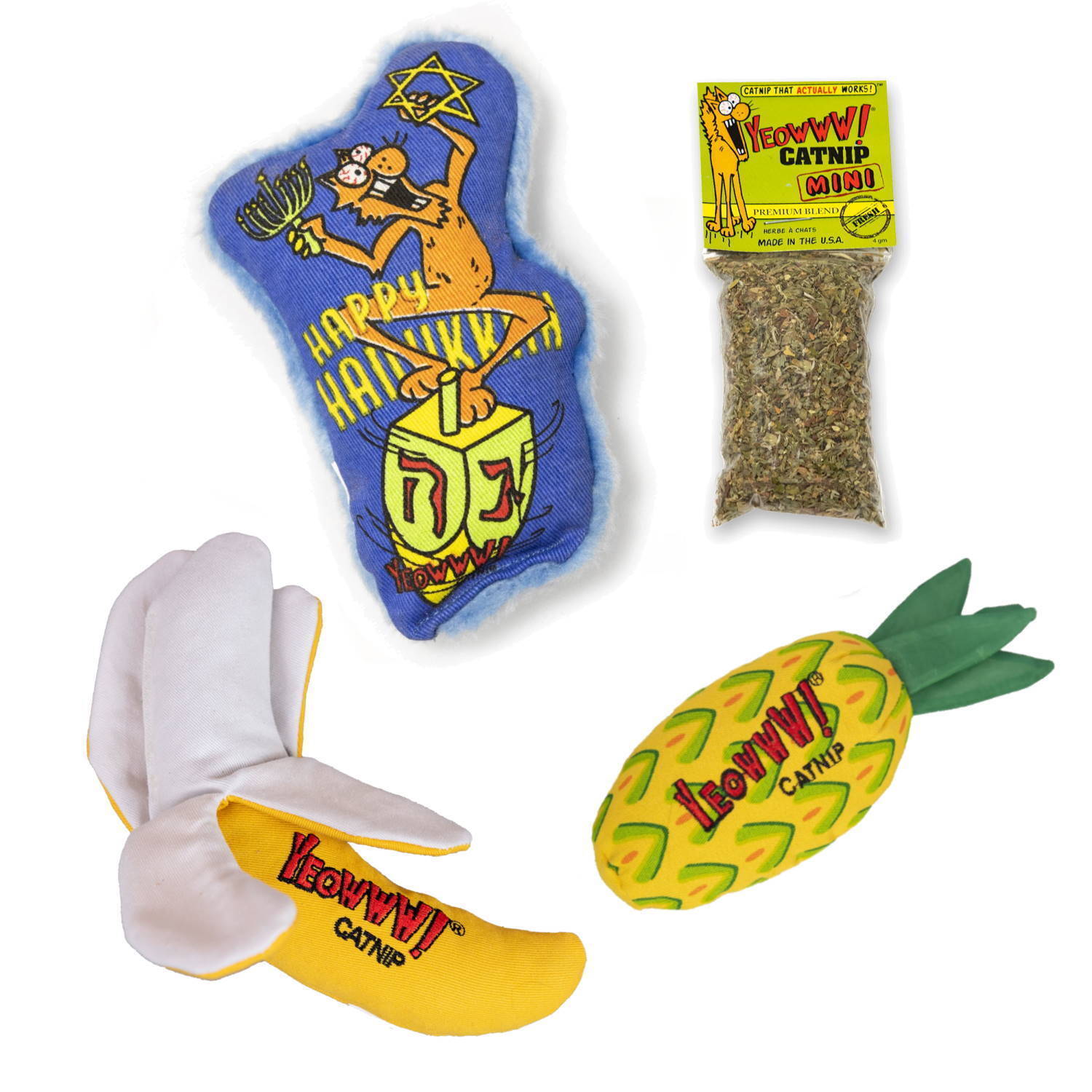 Yeowww Dreidel Krinkle Hanukkah Holiday Gift Bundle with 3 Catnip Cat Toys + Bonus Catnip