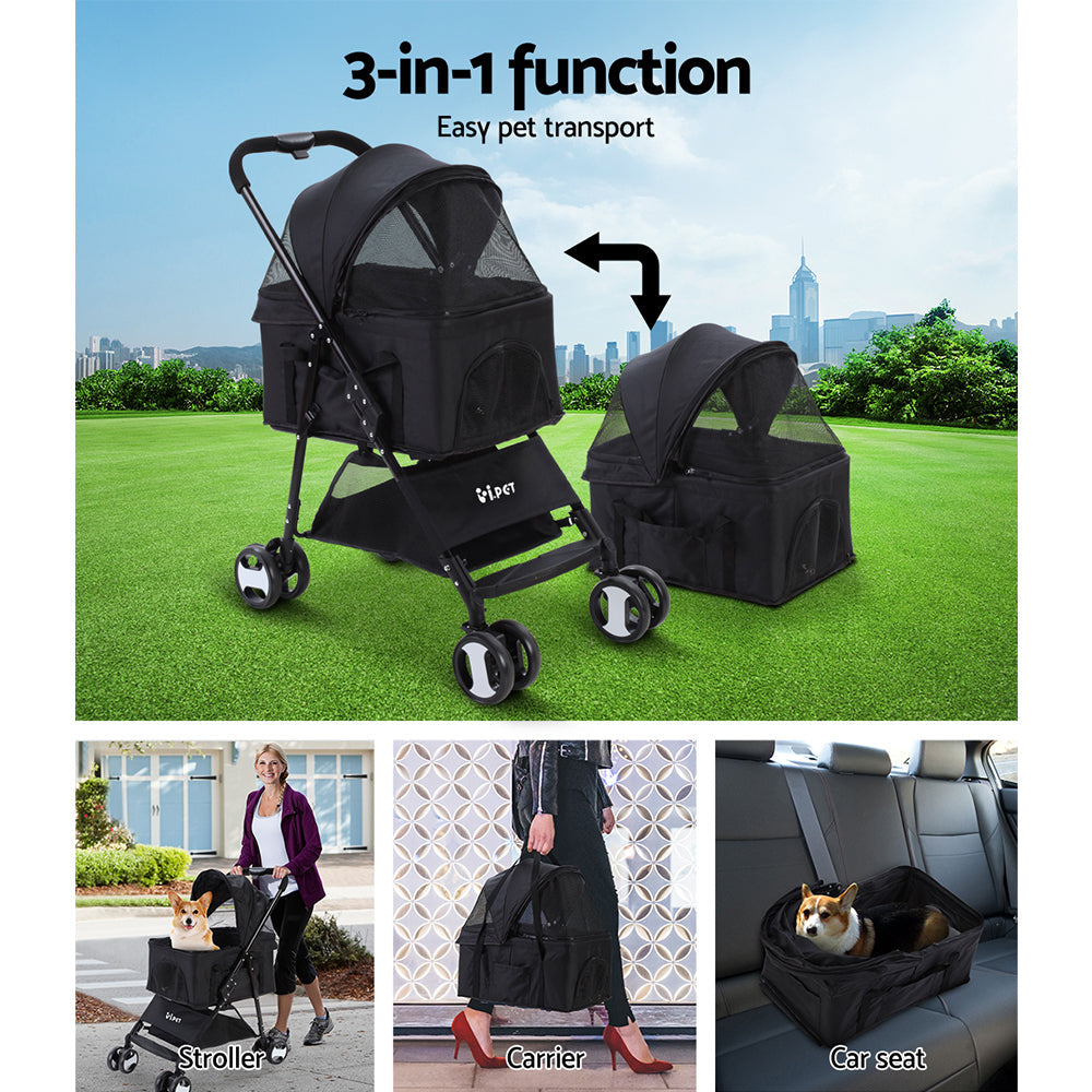 i.Pet 3 IN 1 Pet Stroller Foldable Middle Size Black