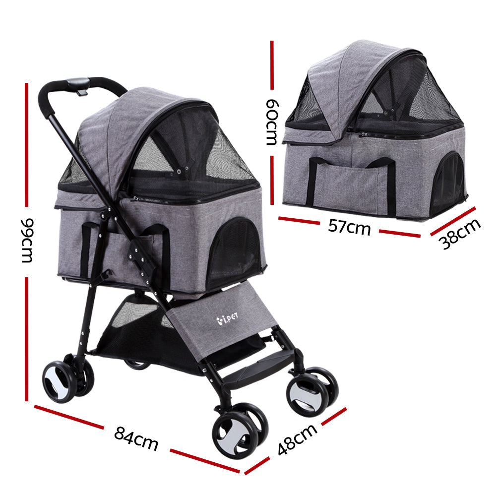 i.Pet 3 IN 1 Pet Stroller Foldable Middle Size Grey