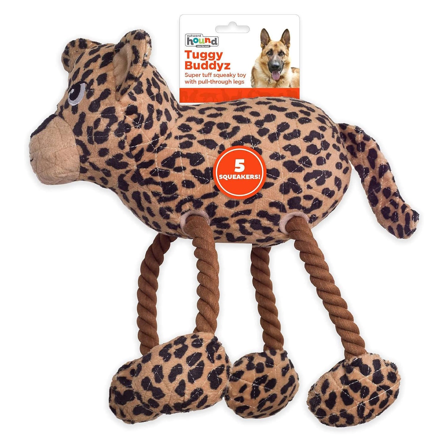 Outward Hound Tuggy Buddys Plush Squeaker Dog Tug Toy - Leopard