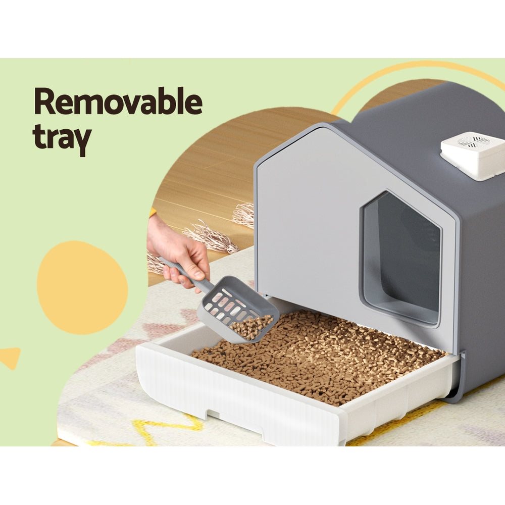 i.Pet Cat Litter Box House Large With Scoop Mat Grey