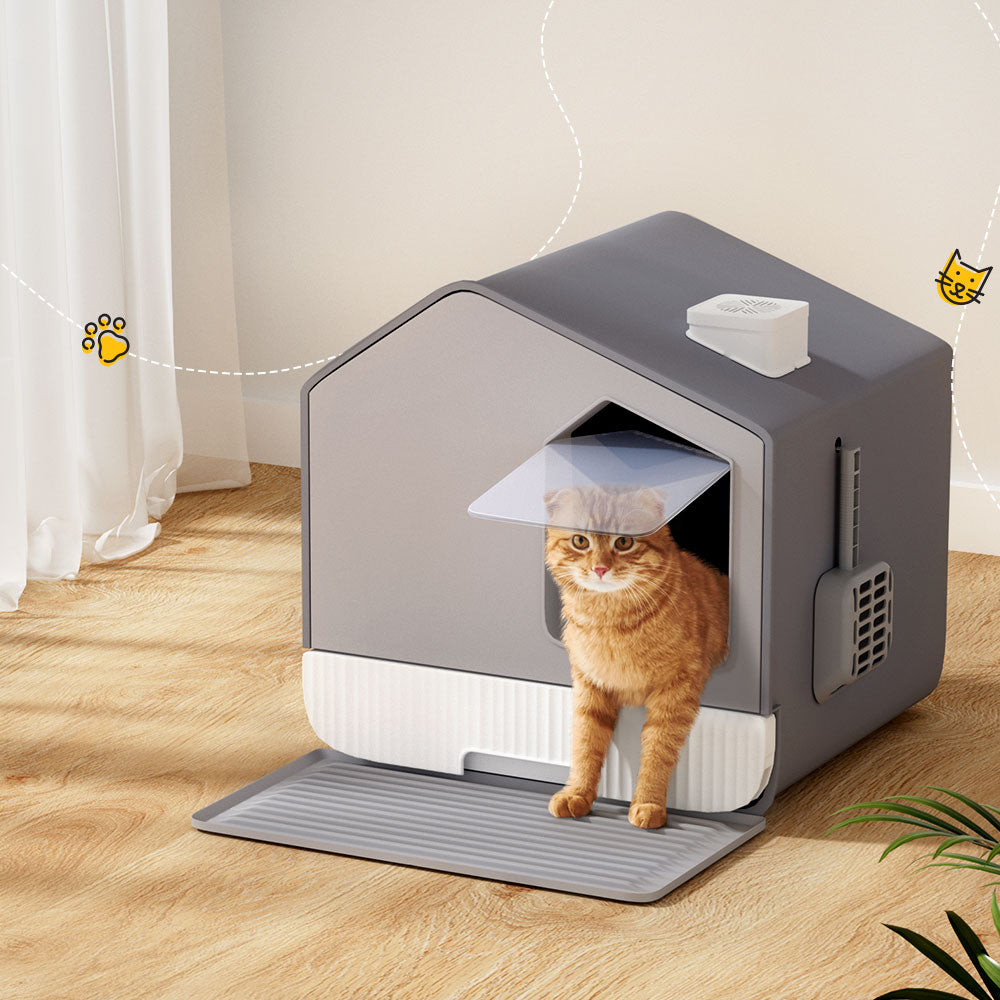 i.Pet Cat Litter Box House Large With Scoop Mat Grey