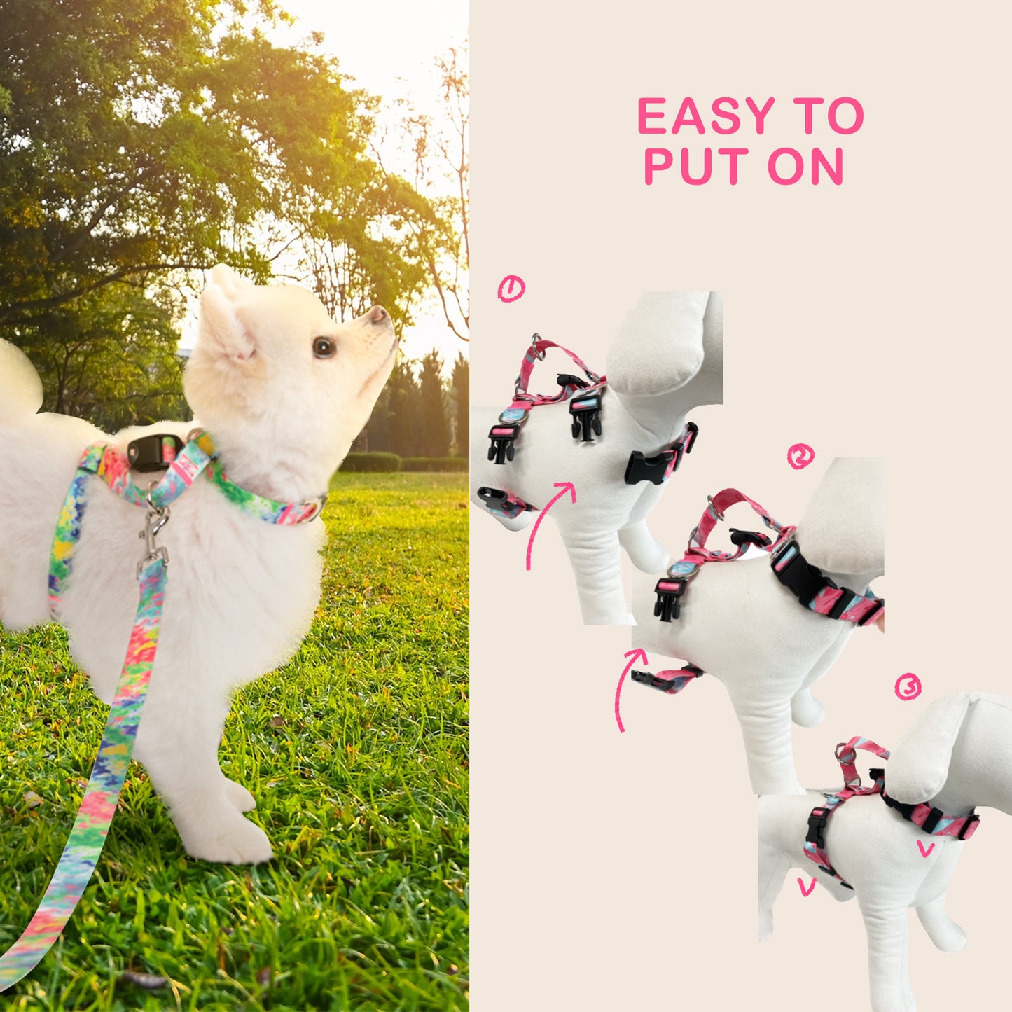 Banhamsisun Dog Double-Lined Straps No Pull Harness and Lead Set MARBLE PINK - Small